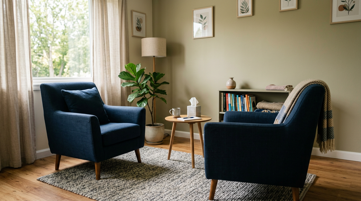 Calm empty therapy consultation room with two facing navy armchairs and warm lamp light by a shaded window