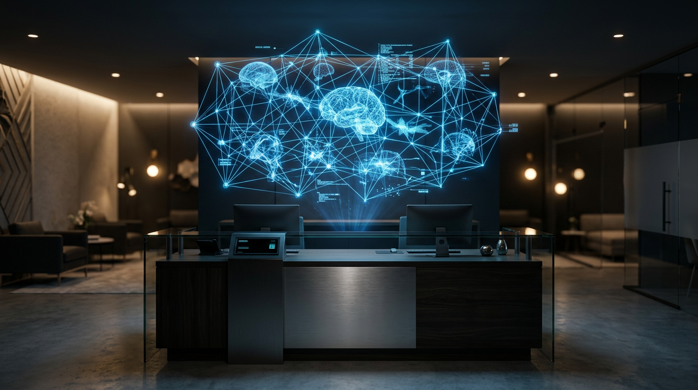 Glowing blue neural network of connected light nodes across a dark glass desk beside a closed laptop