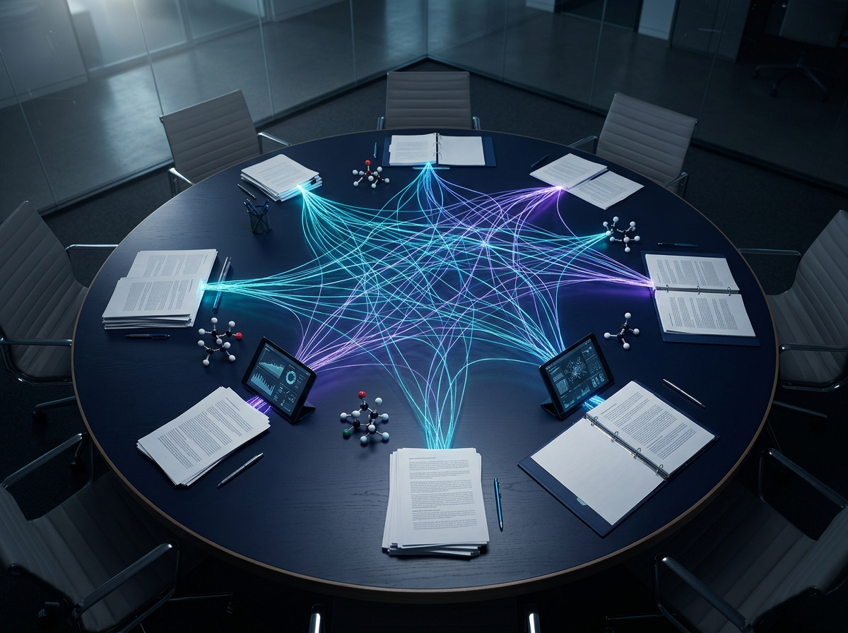 Round advisory table from above with glowing cyan and violet data threads connecting research documents and scientific models