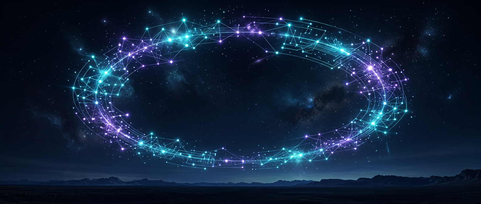 Glowing cyan and violet constellation network forming an open circle over a dark horizon