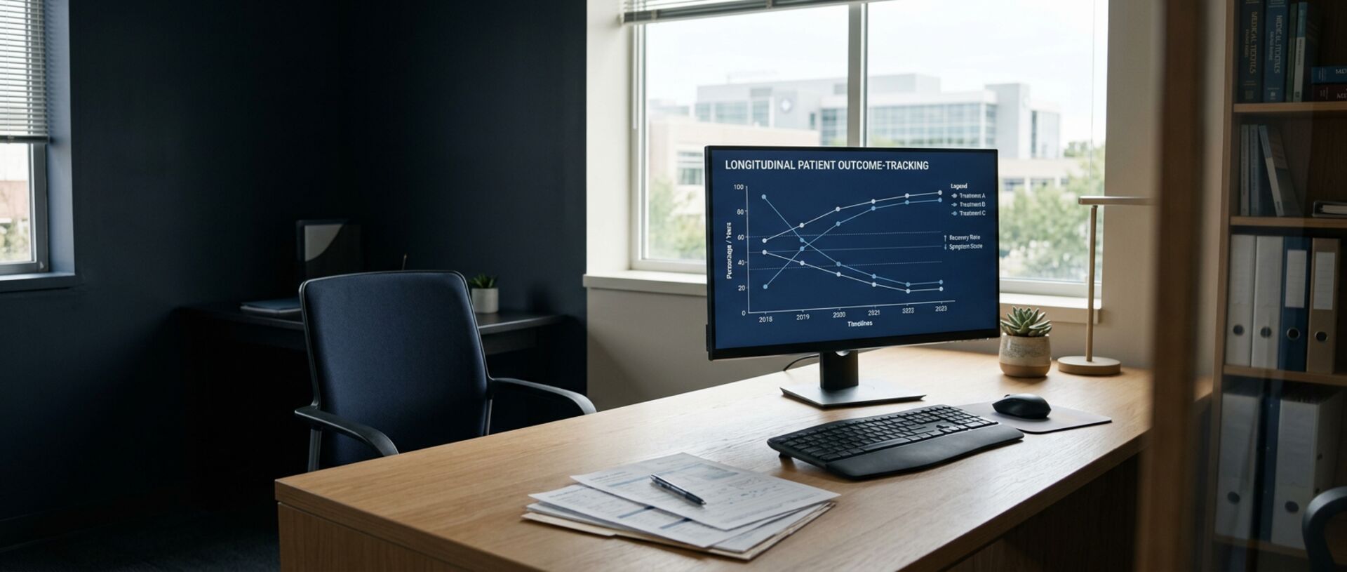 Clinical data workstation with a monitor showing a navy longitudinal patient outcome-tracking chart in natural window light