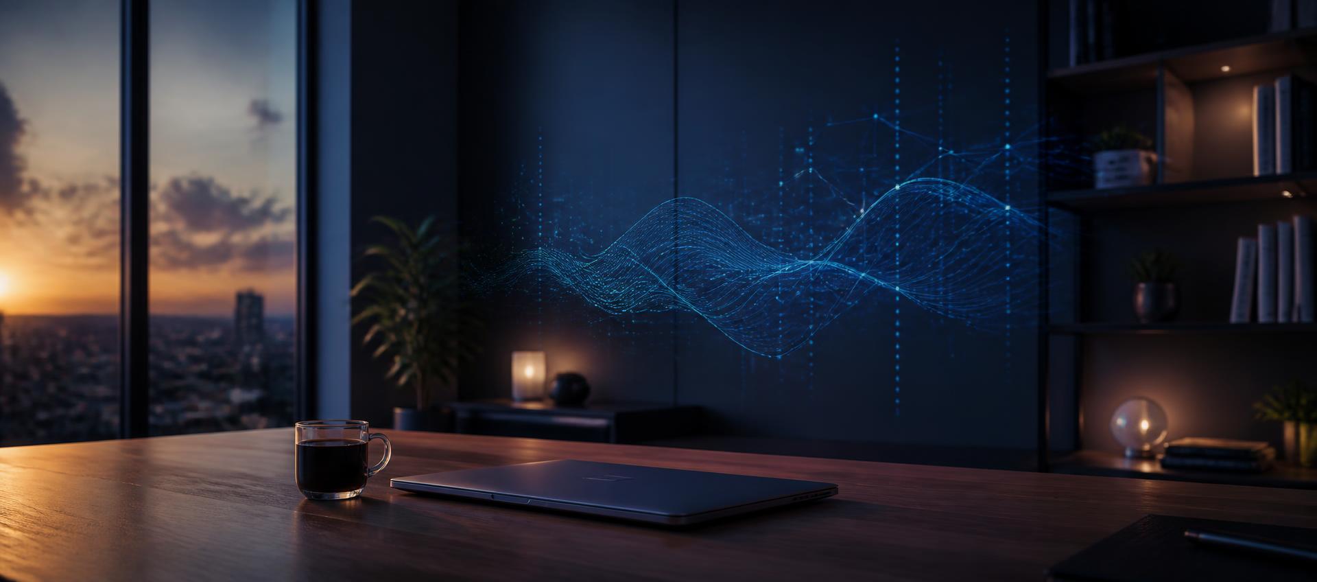 Modern executive office at dusk with a holographic blue data visualization suggesting psychometric intelligence and strategic planning