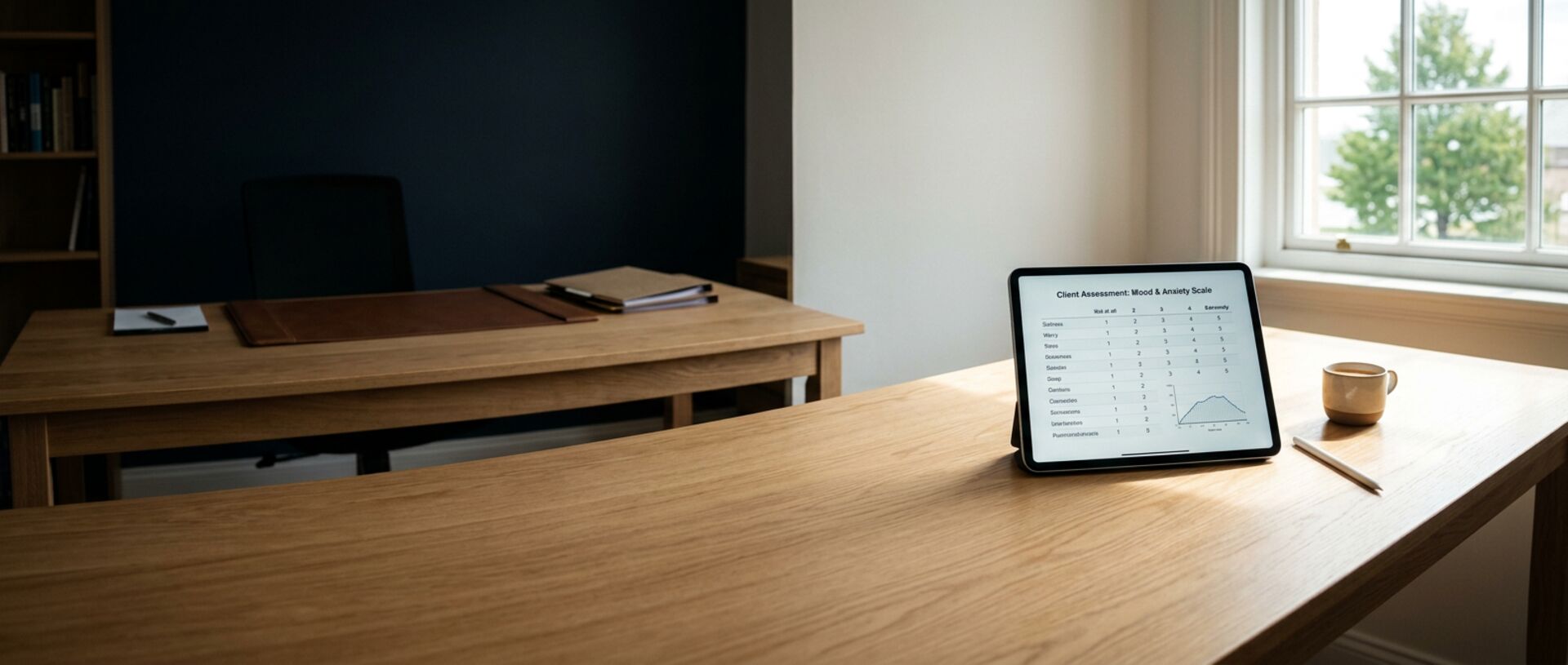 Sunlit clinician oak desk with a tablet displaying a digital psychometric mood and anxiety rating scale beside a stylus