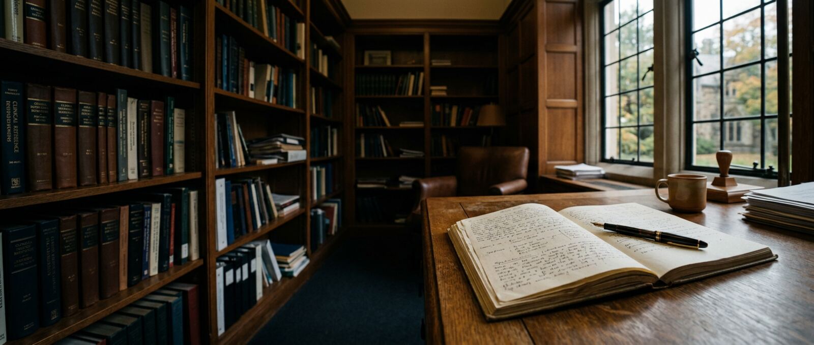 Quiet psychology research study with shelves of clinical reference books and an open case-note journal in bright window light