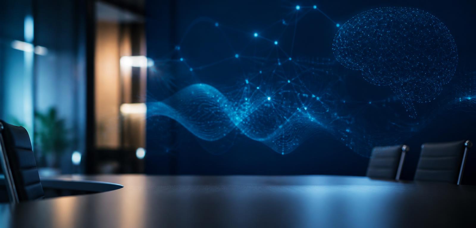 Dark conference room with glowing blue neural network patterns over a polished wooden table, evoking scientific collaboration and data-driven discovery