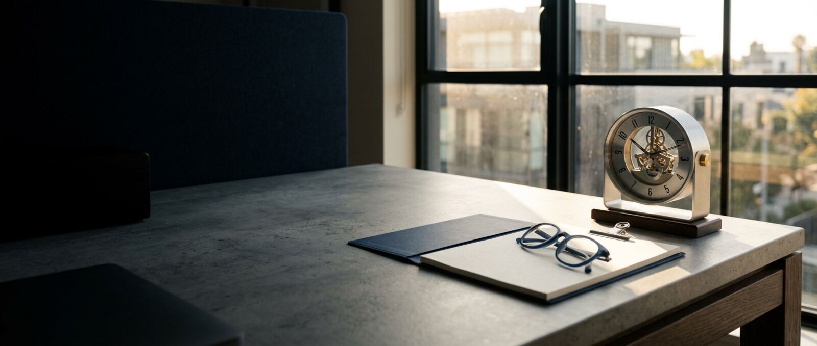 Sunlit consultation table with an open clinical intake questionnaire, reading glasses, and a fountain pen beside a navy folder