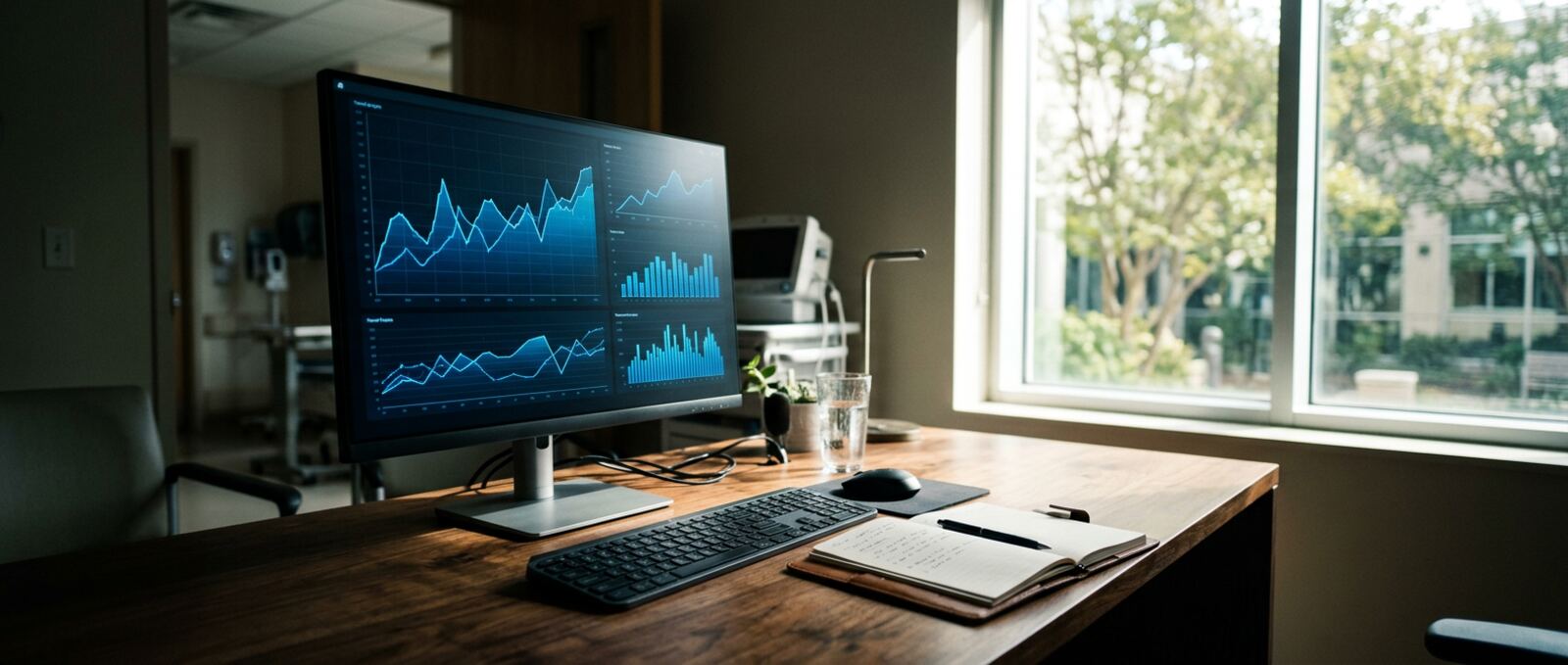 Bright clinical data workstation with a monitor showing navy outcome-tracking charts beside a notebook and pen