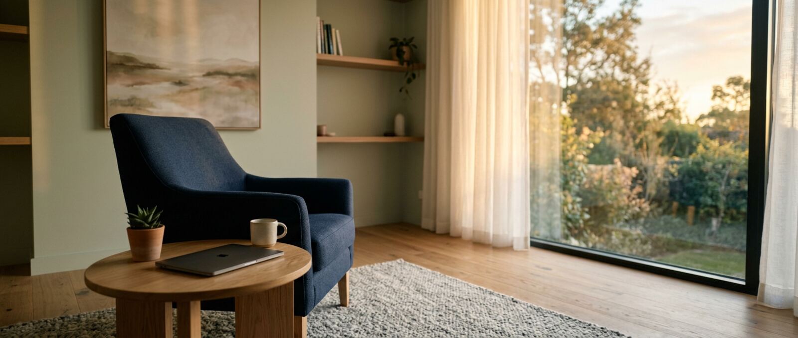 Calm mental health consultation room at golden hour with a navy armchair and a closed laptop on an oak side table
