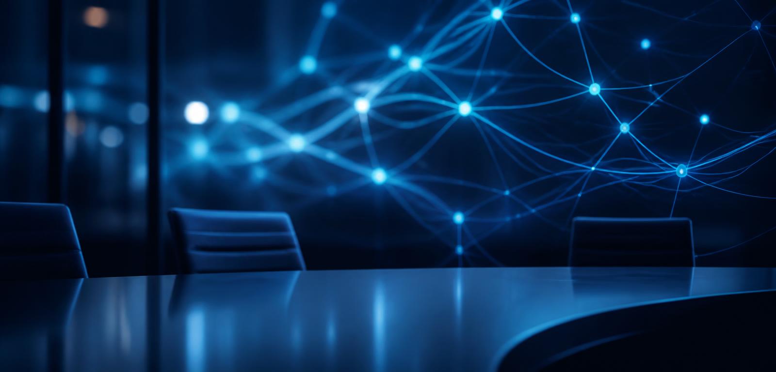 Dark corporate boardroom with glowing blue network connections representing long-term strategic vision