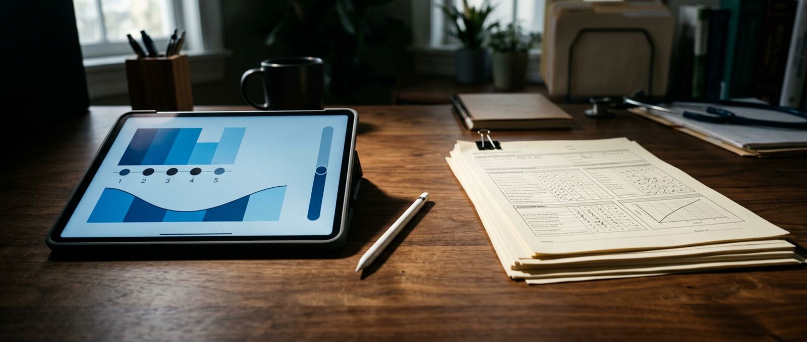 Sunlit clinical desk with a tablet showing an automated psychometric scoring report beside a stylus and notepad