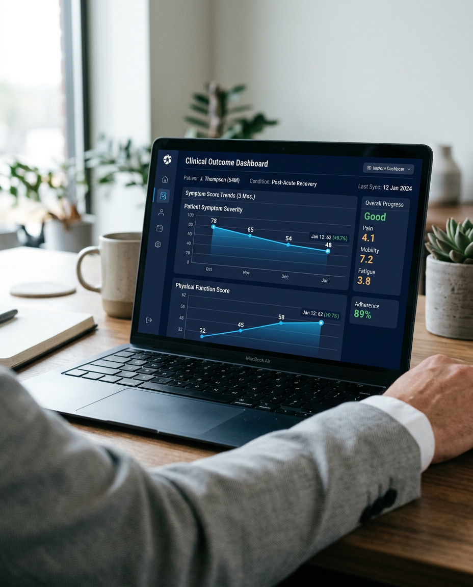 Laptop screen showing a navy clinical decision support dashboard with blue score trend charts on a therapist's desk