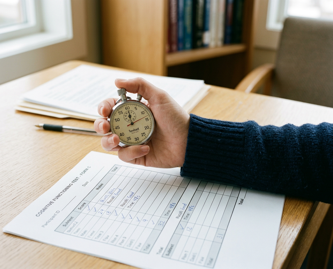 Close-up of a hand holding an analog clinical stopwatch above a printed cognitive functioning test scoring sheet