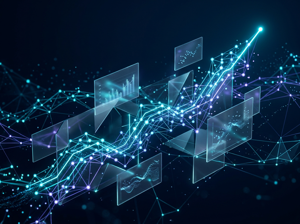 Abstract rising network of glowing data nodes and translucent charts representing behavioral-health data infrastructure