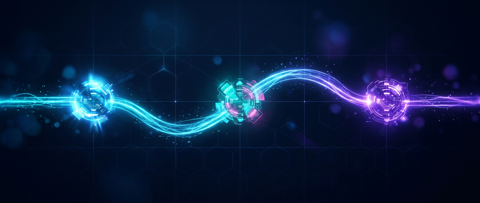 Abstract luminous path connecting three glowing milestone nodes representing a phased roadmap