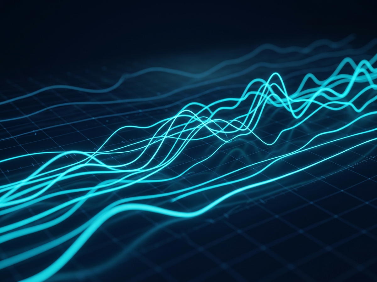 Abstract glowing time-series curves representing longitudinal outcome tracking