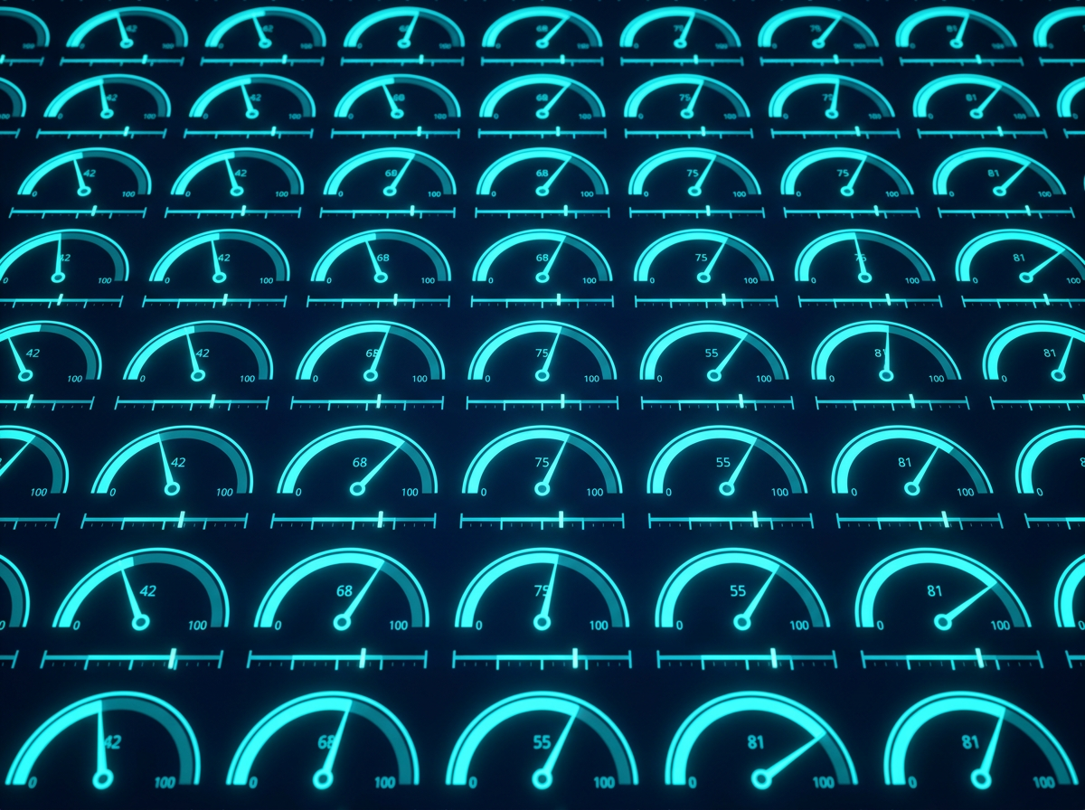 Abstract grid of glowing measurement gauges representing automated scoring