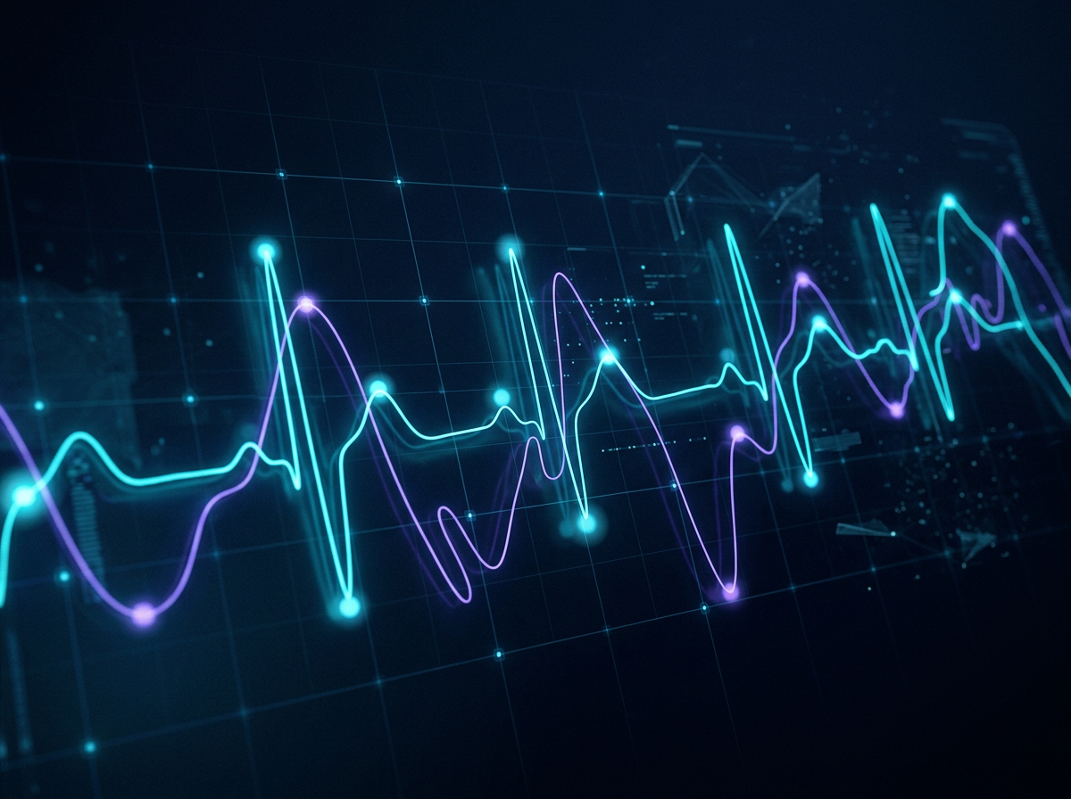 Flowing cyan and violet waveform lines over a dark navy clinical data grid