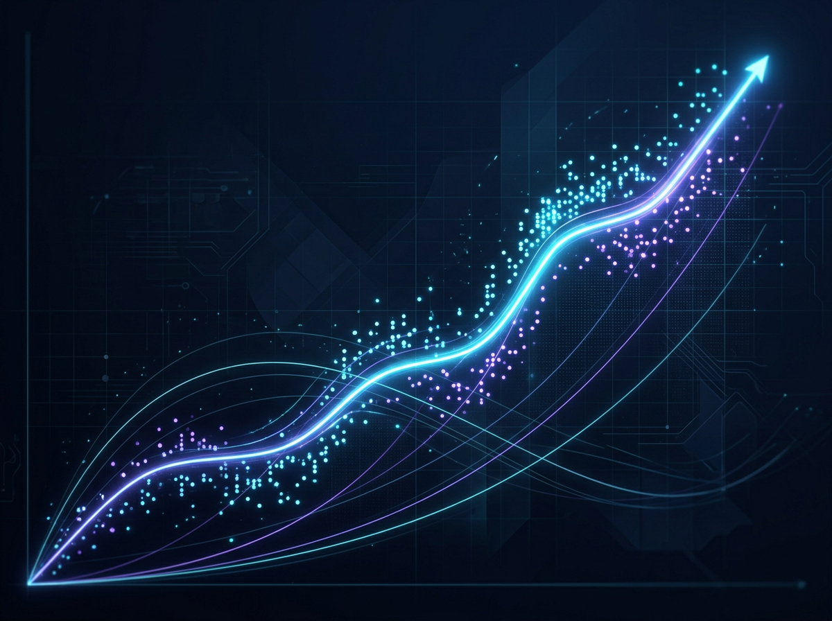 Ascending glowing trend line with scattered data points in cyan and violet on a dark navy chart