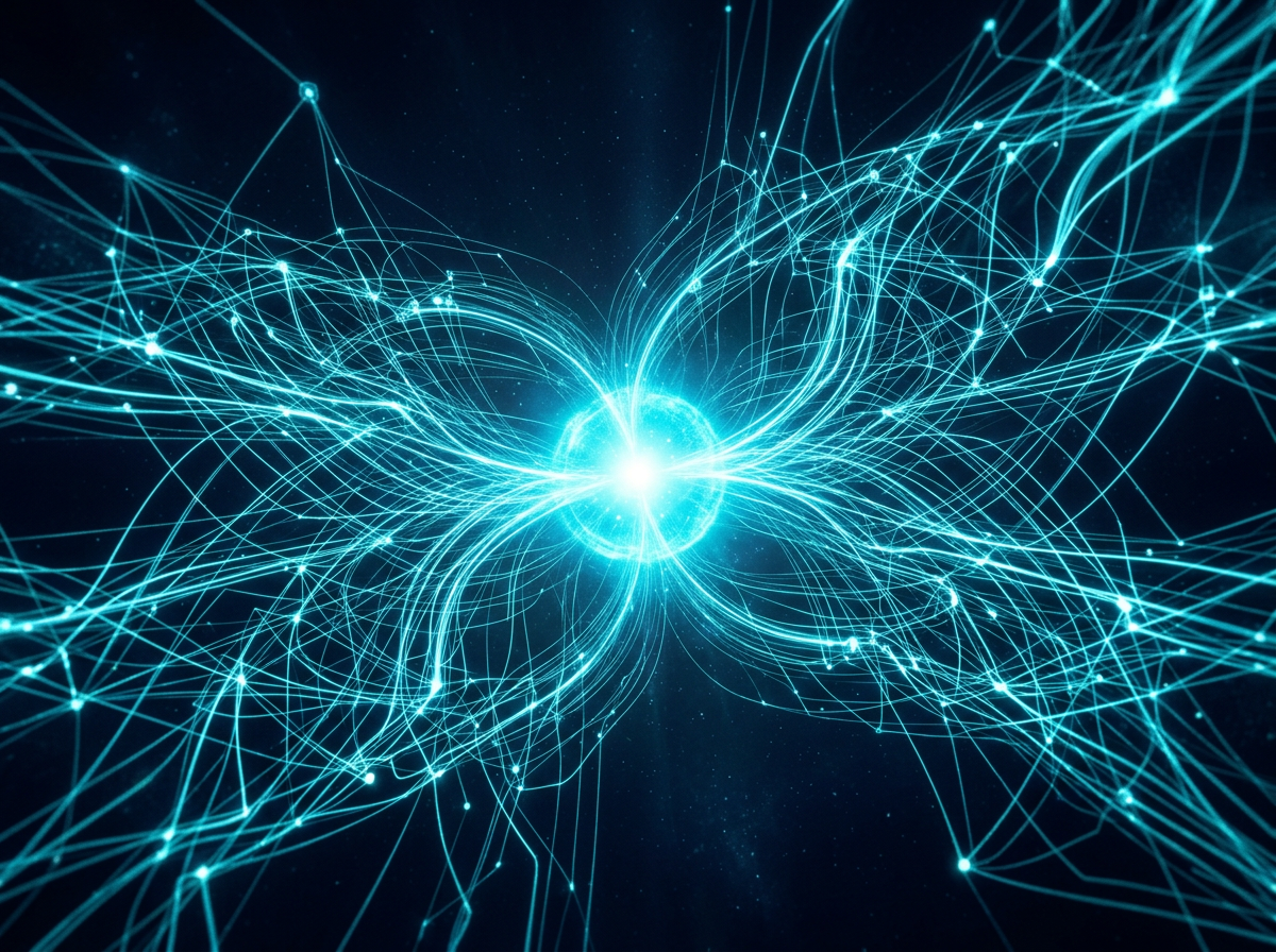 Abstract network of light converging into a bright core representing a unified platform