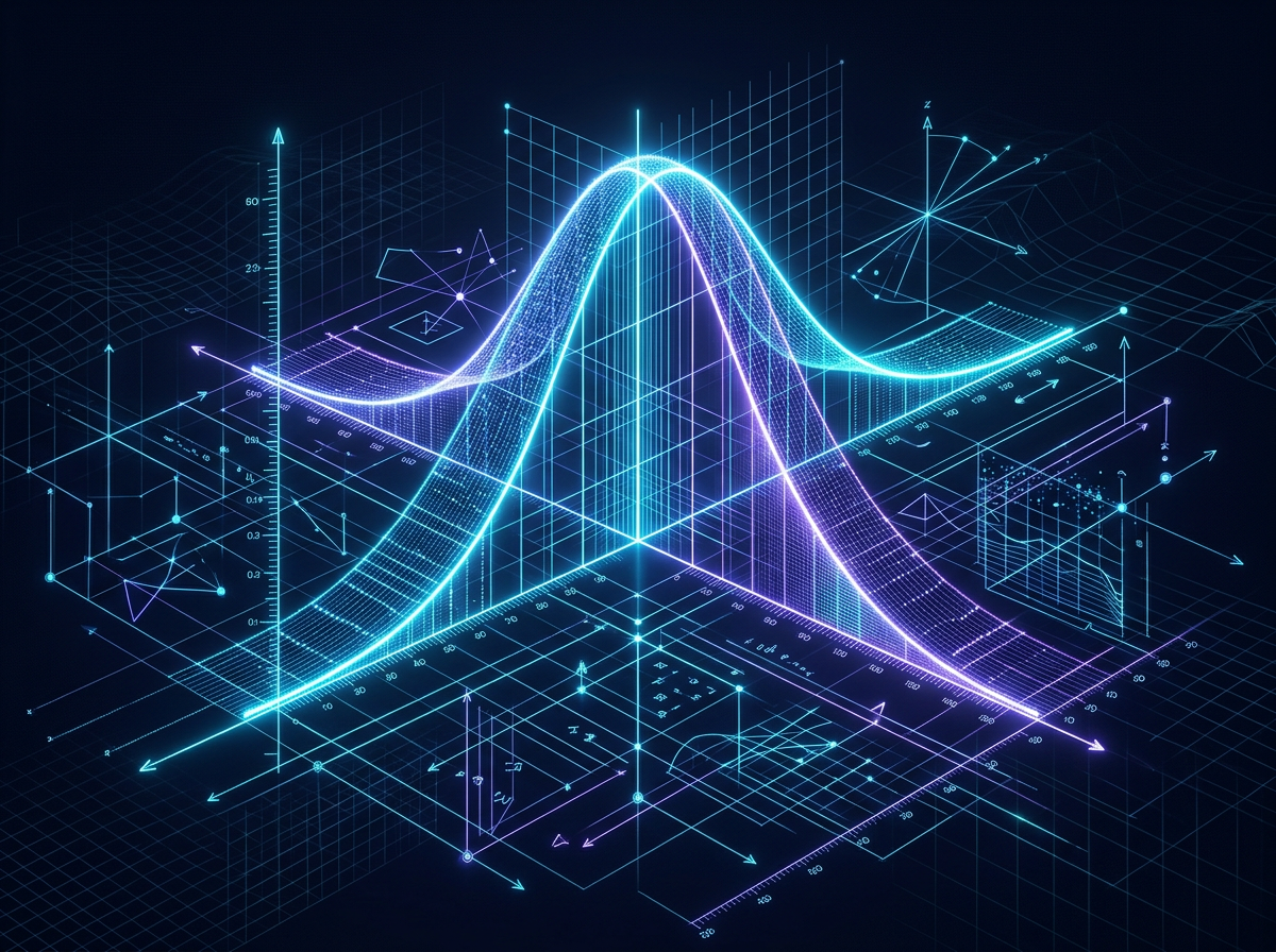 Luminous bell curve and measurement grids in cyan and violet light on a dark navy background