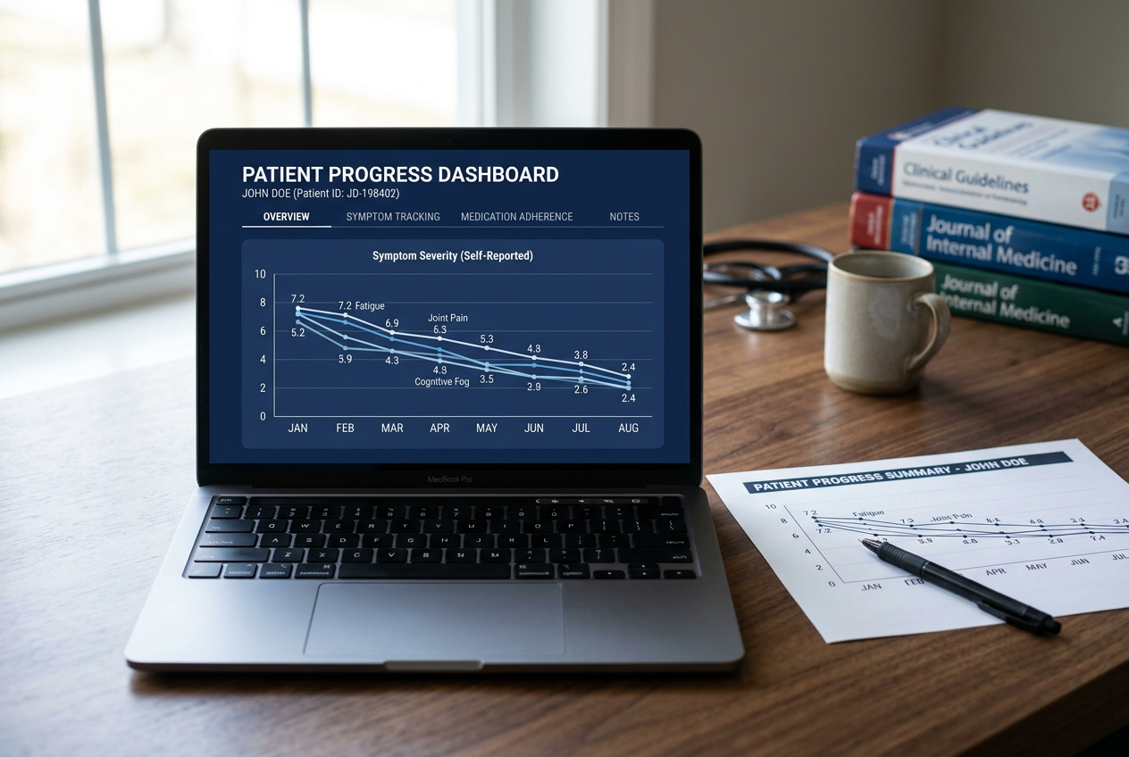 Laptop showing a navy patient progress dashboard with declining symptom severity trend lines across eight months, next to a printed progress summary and pen