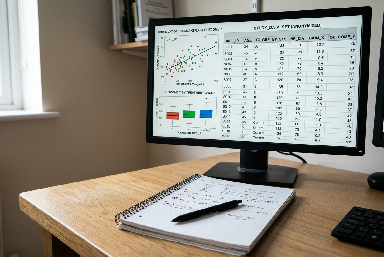 Monitor displaying an anonymized clinical research data table with correlation scatter plot and treatment-group box plots, beside a handwritten codebook and pen