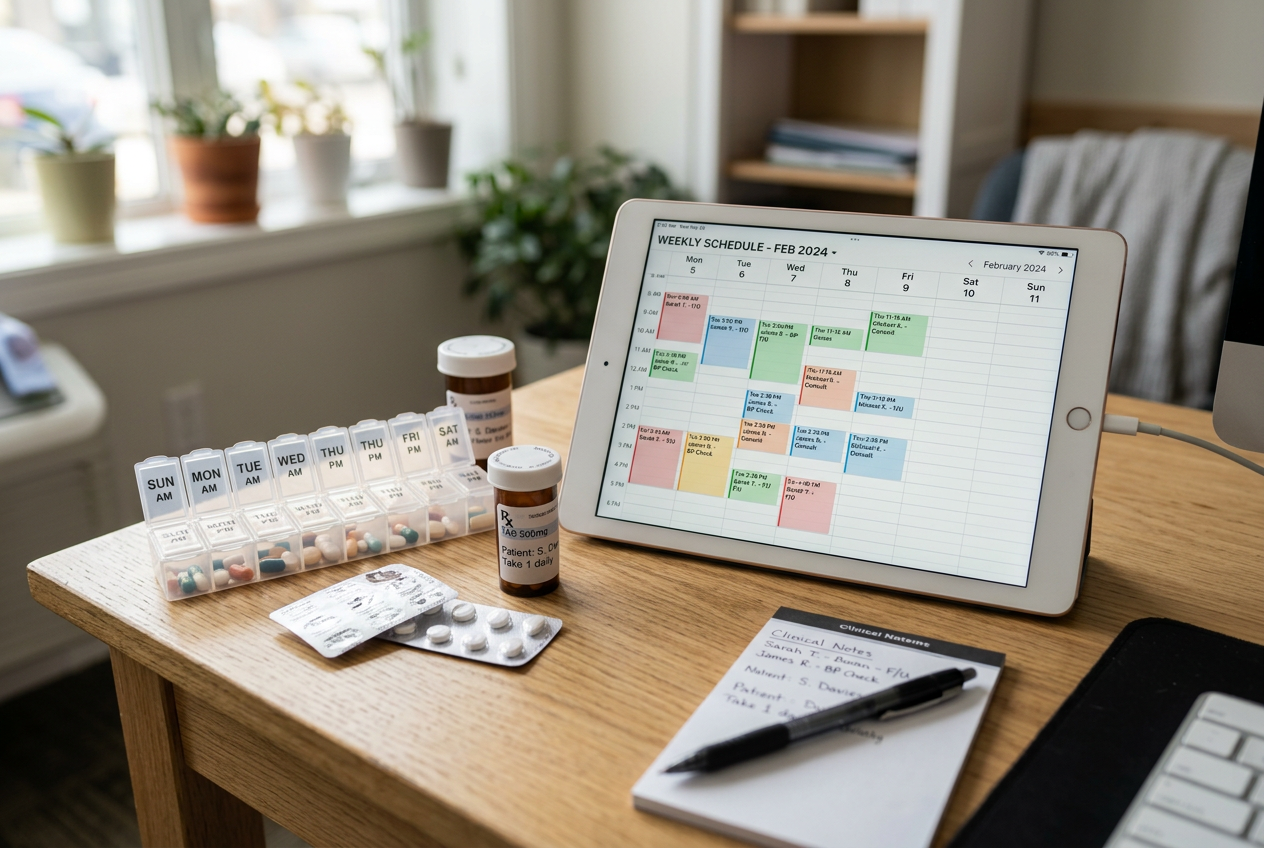 Tablet displaying a colour-coded weekly clinical appointment calendar beside a seven-day medication organizer, prescription bottles, and a blister pack on a light oak desk