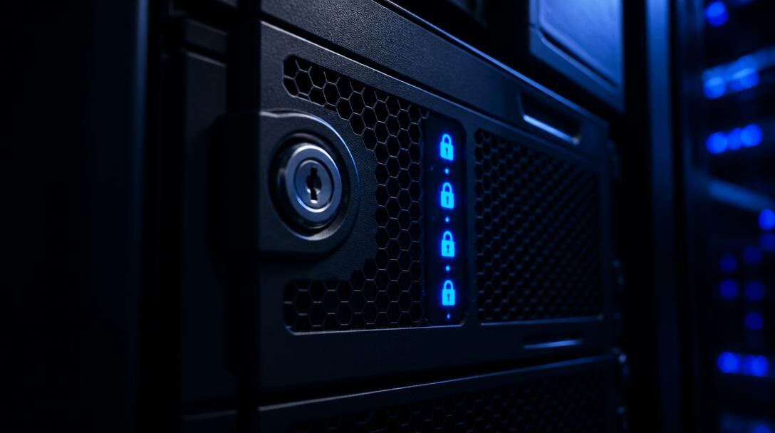 Close-up of a locked server module with glowing blue encryption status indicators in a secure data room