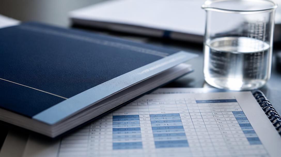 Navy clinical assessment manual beside a standardized scoring table and a laboratory beaker on a desk