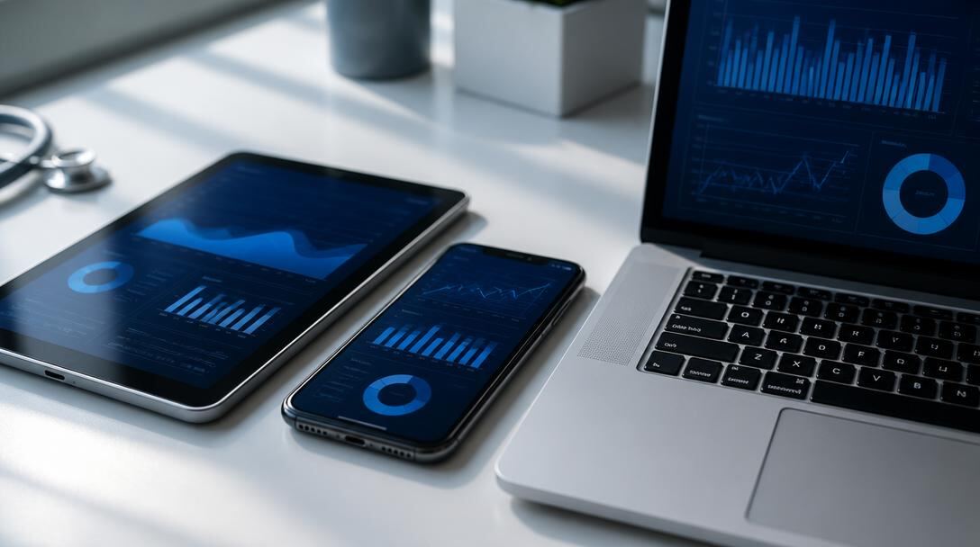 Unbranded tablet, smartphone and laptop side by side on a clinic desk showing blue assessment dashboards