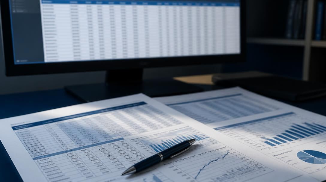 Printed research data tables and a pen in front of a monitor displaying a structured data export