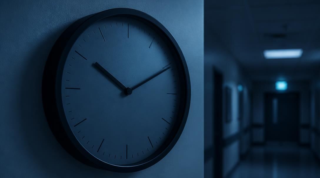 Wall clock in a dimly lit clinic corridor lit by cool blue night lighting, signalling round-the-clock availability