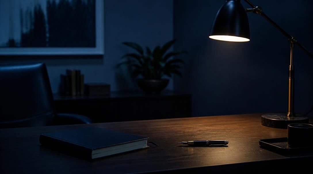 Founder's desk lamp lighting a closed notebook and fountain pen in a quiet clinical office at night