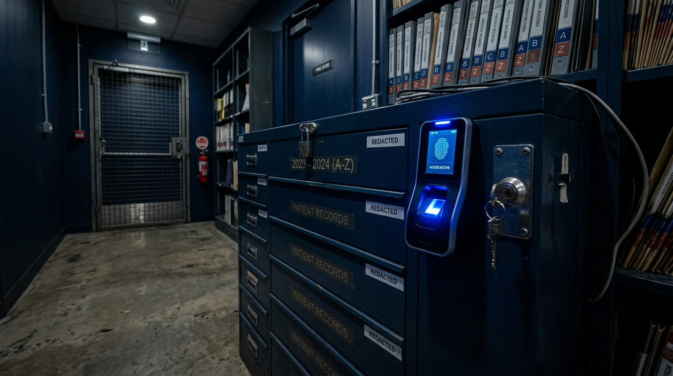 Biometric fingerprint access panel glowing blue beside a locked clinical records cabinet in a dark room