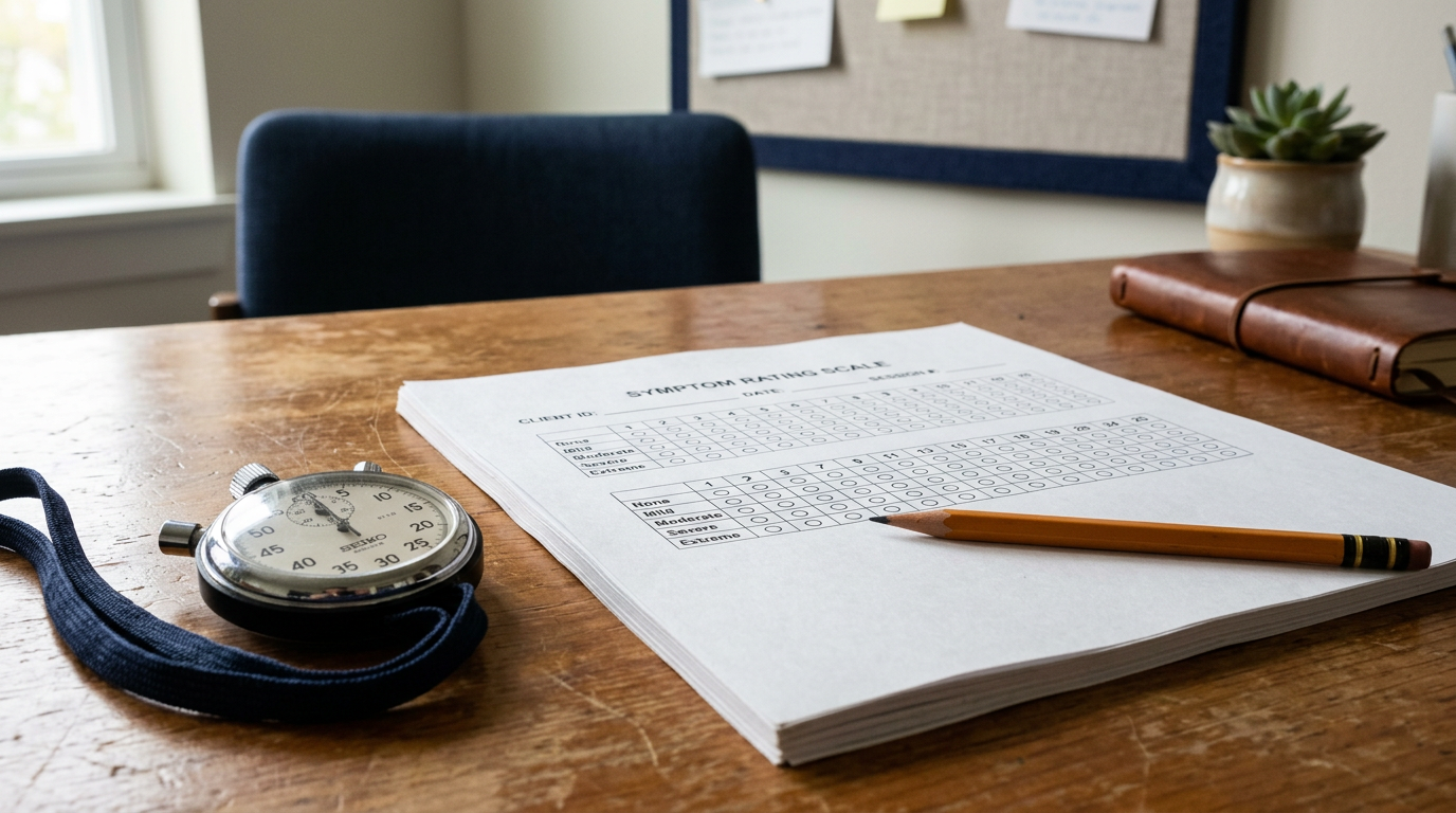 Printed symptom rating scale answer sheet with a stopwatch and pencil on a clinician's desk in soft daylight