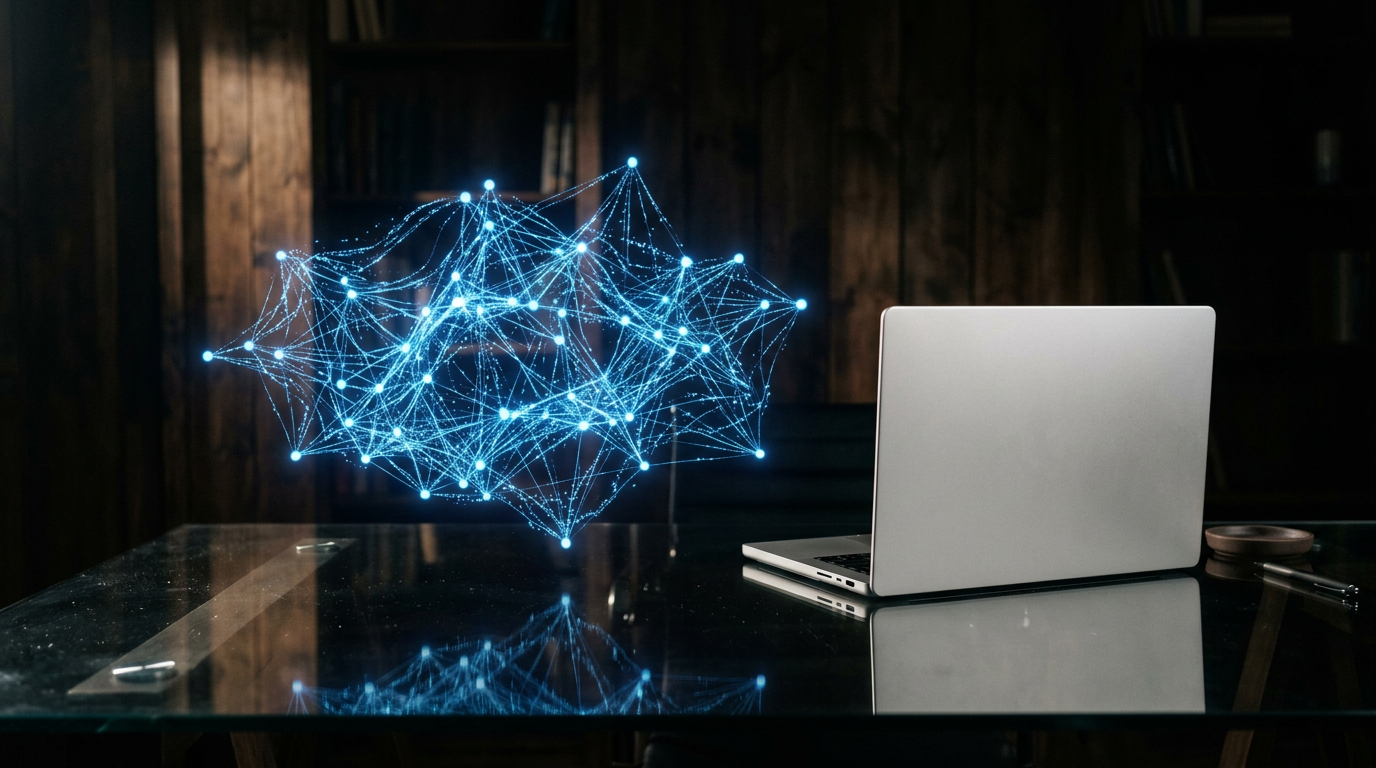 Glowing blue neural network of connected light nodes across a dark glass desk beside a closed laptop