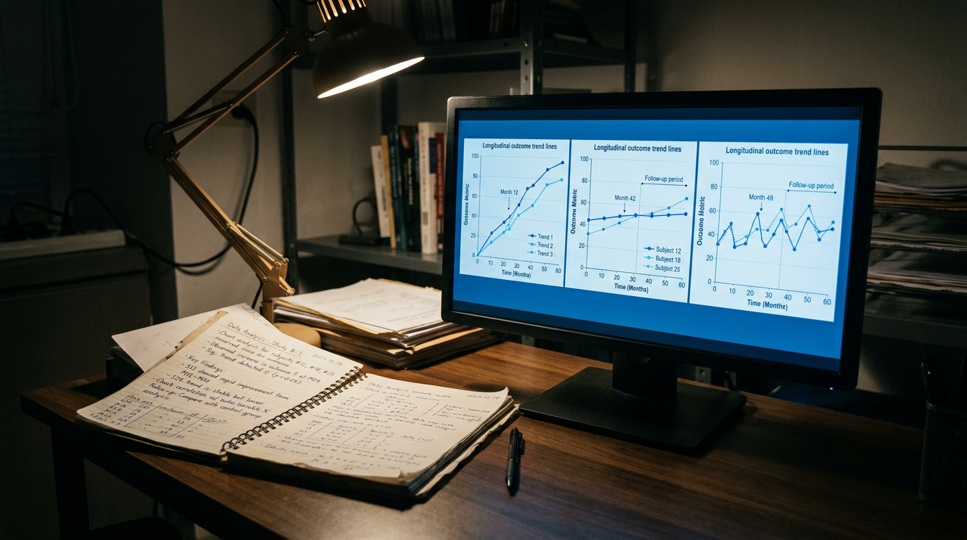 Monitor displaying blue longitudinal outcome trend charts beside a handwritten research notebook in a dim office